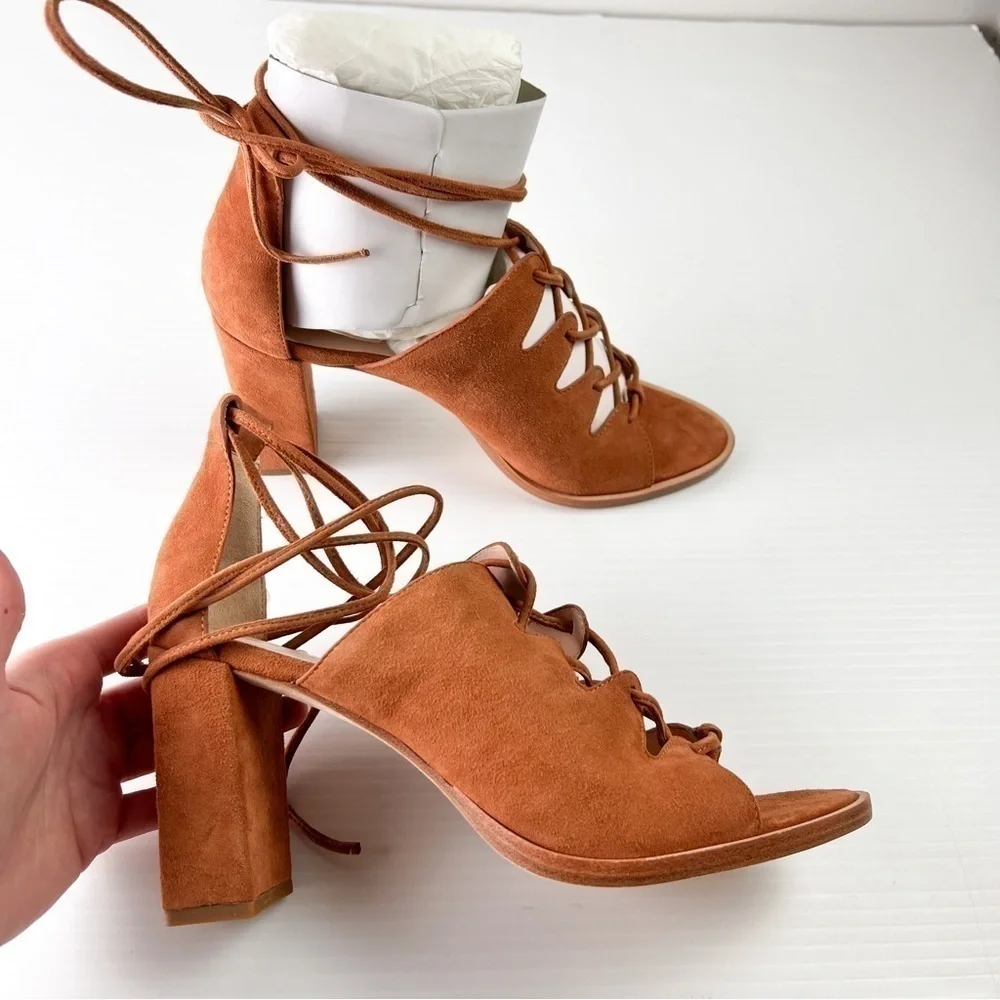 Loeffler Randall sandals womens 8 Helene Brown Lace-Up Split Suede Sandals